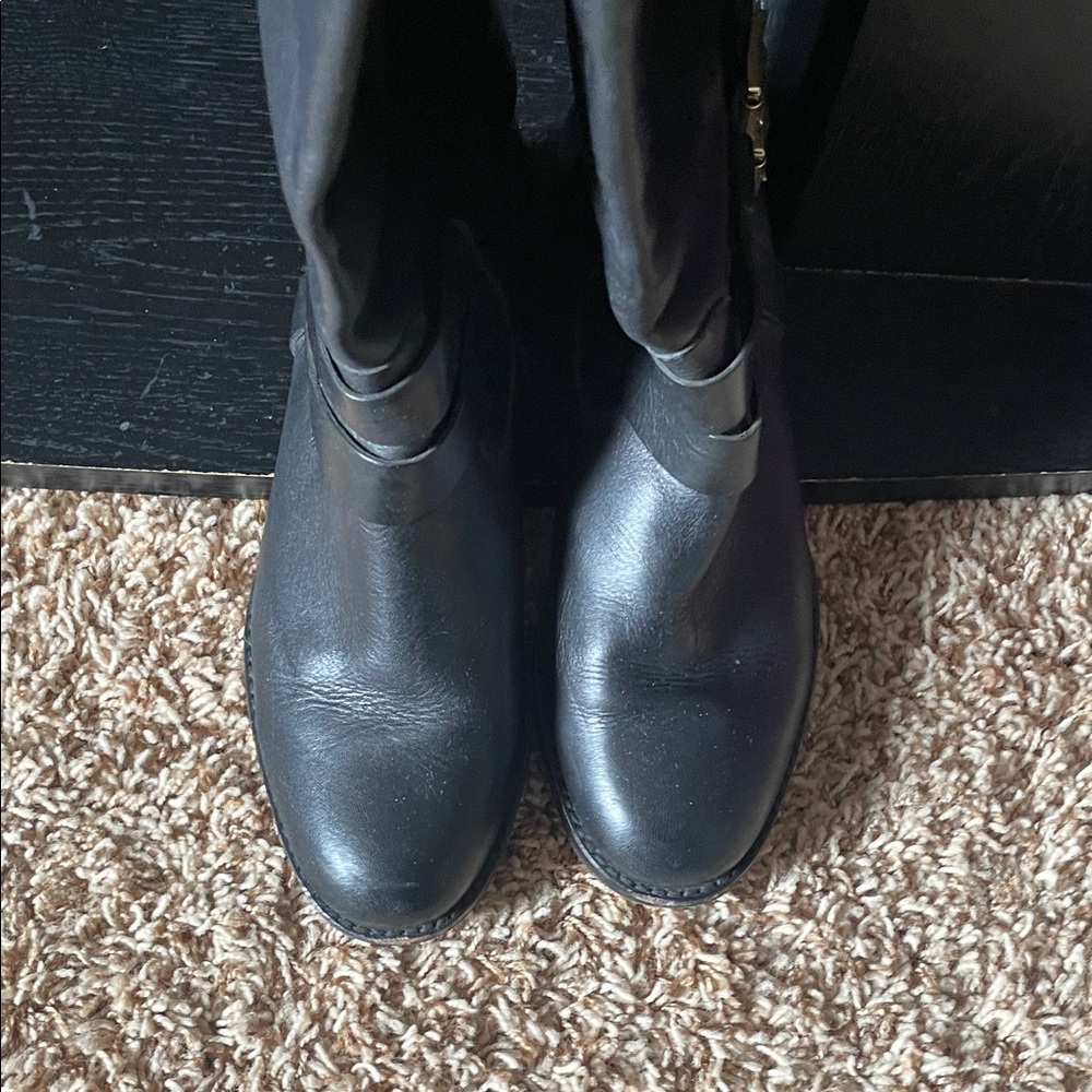 Rachel Zoe Black Leather Riding Buckle Boots with Tan Trim - Picture 6 of 11